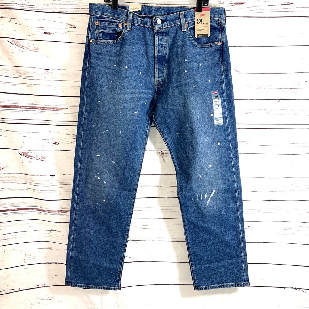 Levis 501 ‘93 Jeans Men’s 42x32 Blue Splattered‎ Paint Wash Denim Stretch.